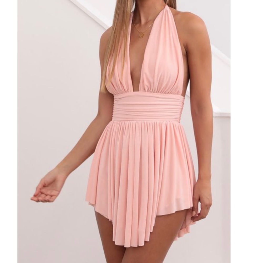 Elisha Ruched Halter Dress in Peach